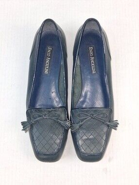 Enzo Angiolini Blue Leather Tassel Bow Square Toe Slip On Flats